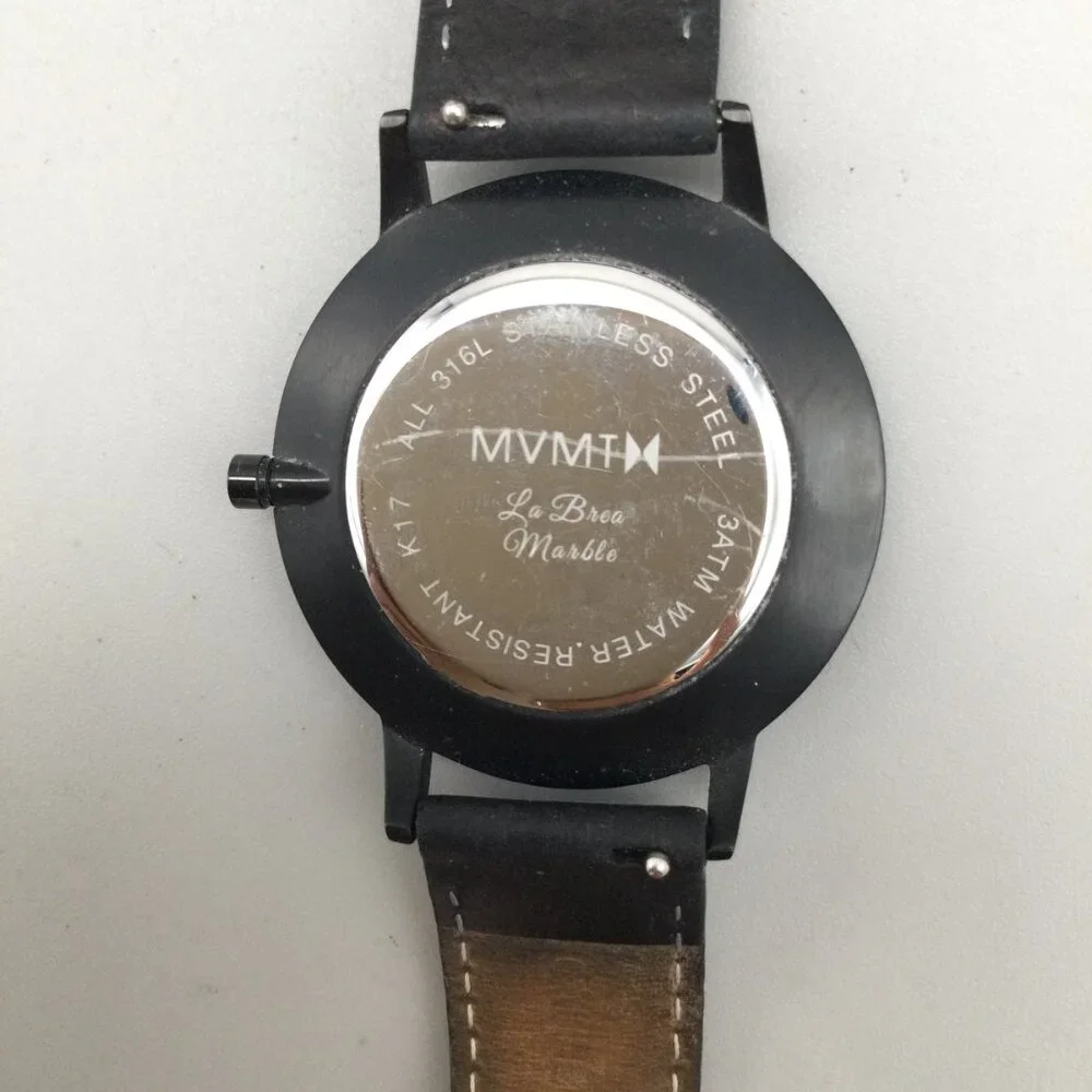 MVMT Boulevard Marble Watch Men 38mm Black Leather Band New Battery